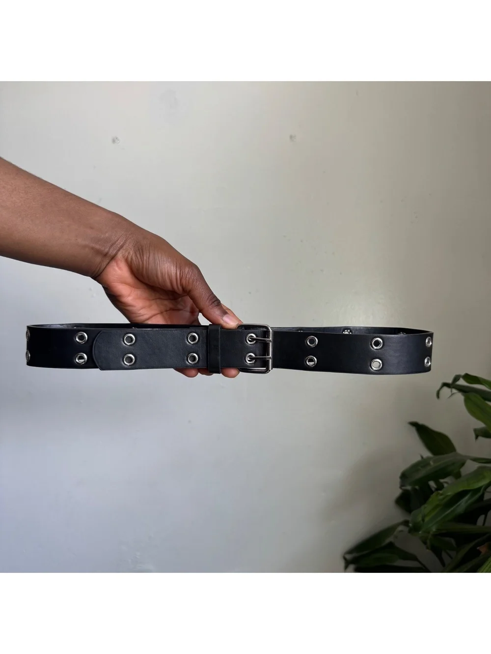 Y2K Black faux Leather Double Grommet Belt Silver Hardware Fits like S
